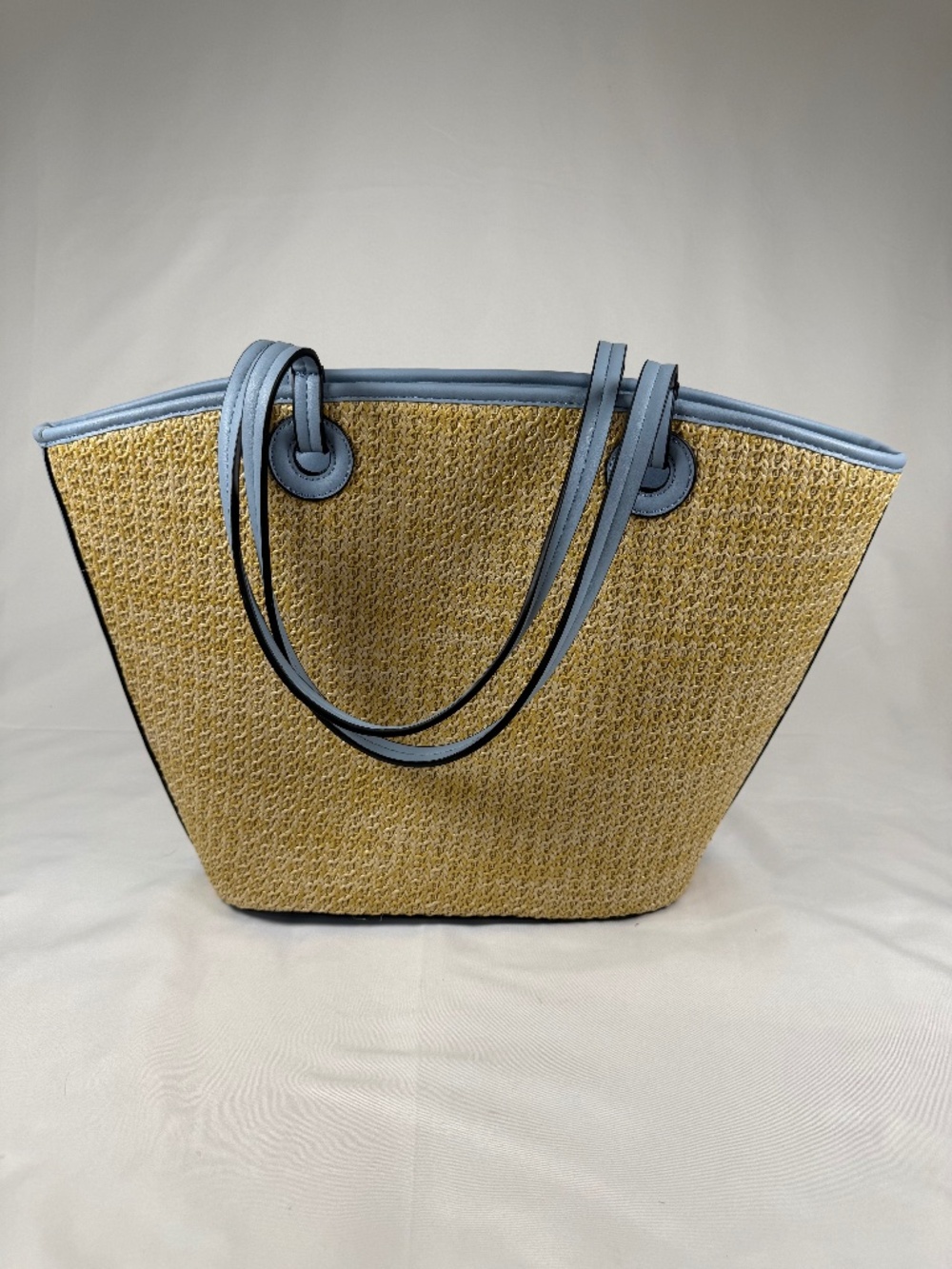 Straw Tote Bag Blue Trim Large Beach Bag w Matching Wristlet Pouch